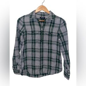 Madewell gray and green| Flannel Zip front pop over shirt Washburn Plaid top| XS